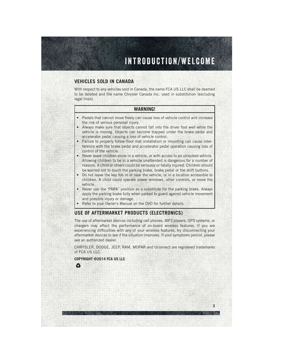 Vehicles sold in canada, Use of aftermarket products (electronics) | Ram Trucks 2015 ProMaster City - User Guide User Manual | Page 5 / 124