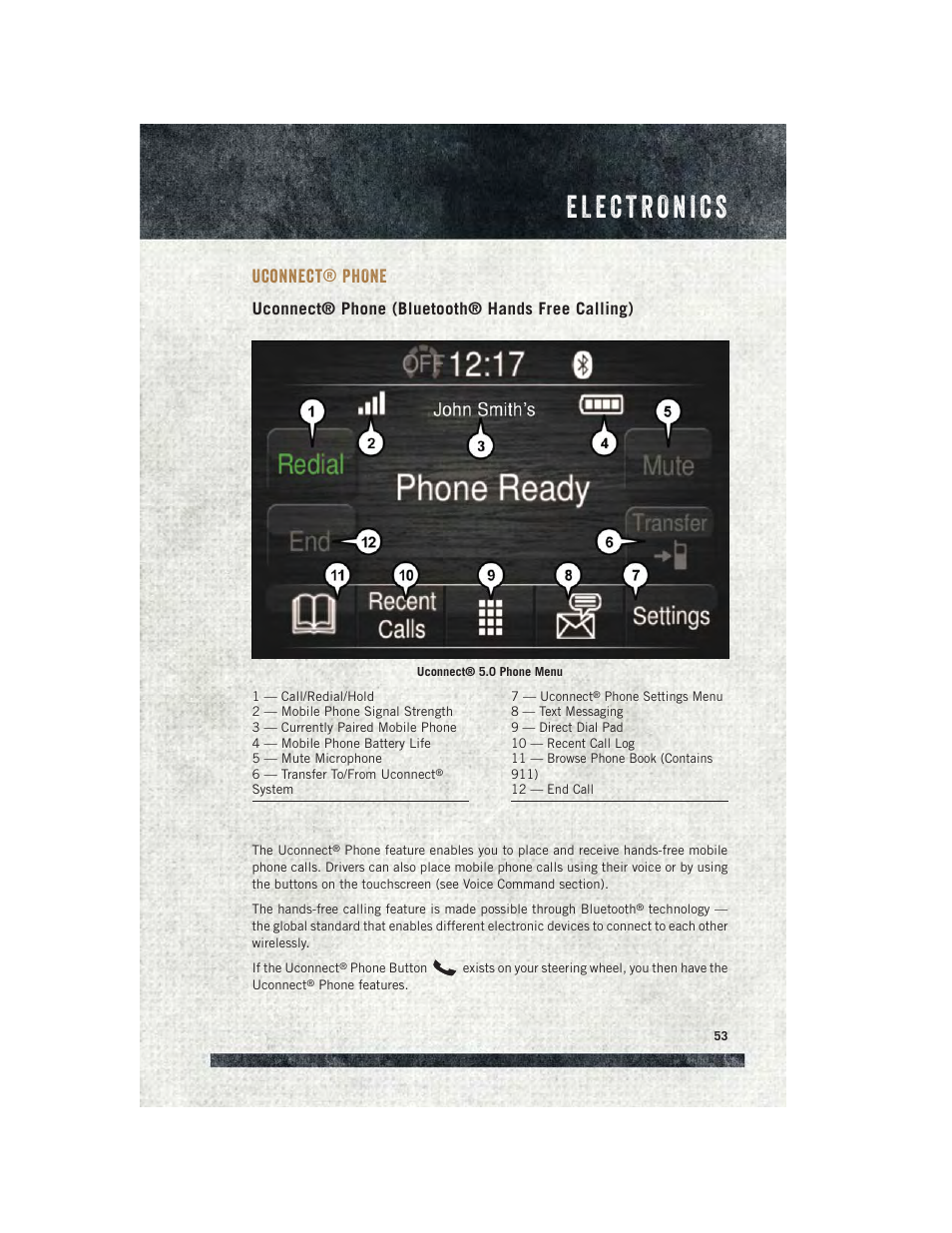 Uconnect® phone, Uconnect® phone (bluetooth® hands free calling), Uconnect | Phone | Ram Trucks 2015 ProMaster City - User Guide User Manual | Page 55 / 124