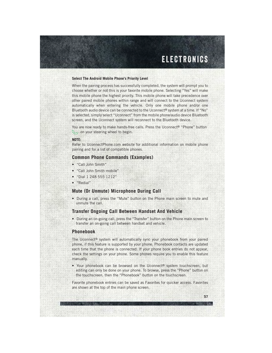 Common phone commands (examples), Mute (or unmute) microphone during call, Transfer ongoing call between handset and vehicle | Phonebook | Ram Trucks 2015 ProMaster City - User Guide User Manual | Page 59 / 124