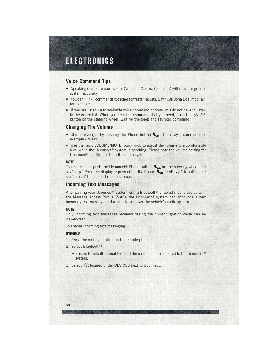 Voice command tips, Changing the volume, Incoming text messages | Ram Trucks 2015 ProMaster City - User Guide User Manual | Page 60 / 124