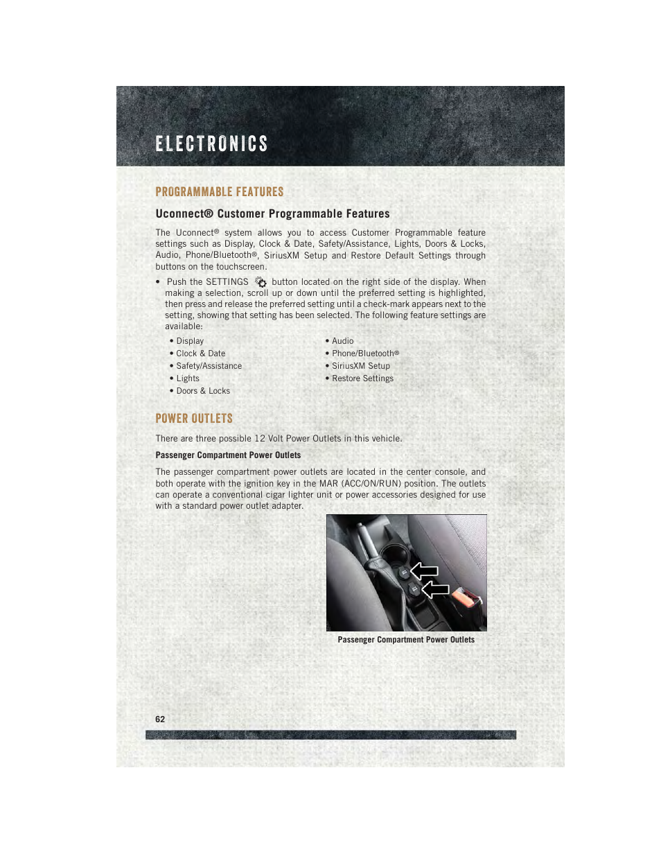 Programmable features, Uconnect® customer programmable features, Power outlets | Ram Trucks 2015 ProMaster City - User Guide User Manual | Page 64 / 124
