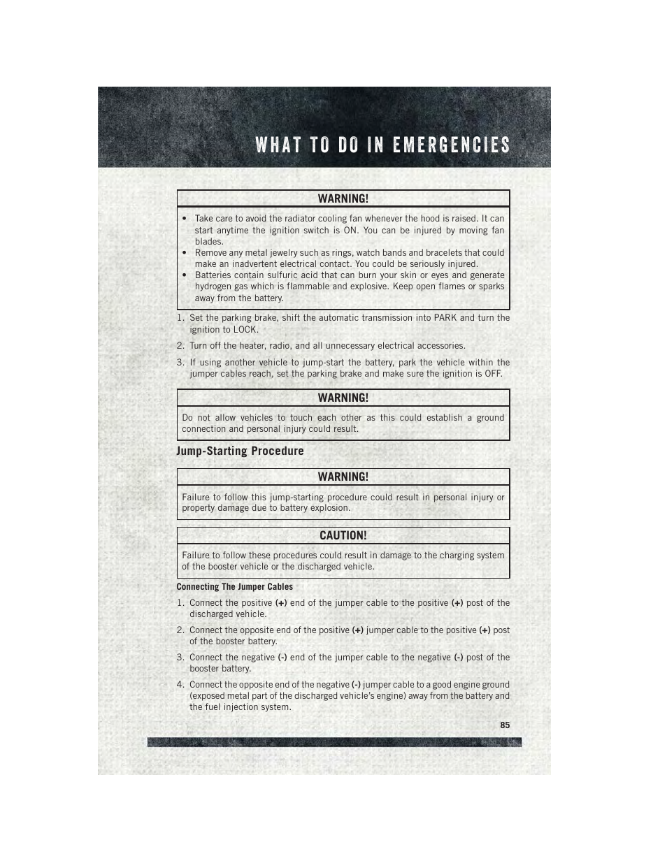 Jump-starting procedure | Ram Trucks 2015 ProMaster City - User Guide User Manual | Page 87 / 124
