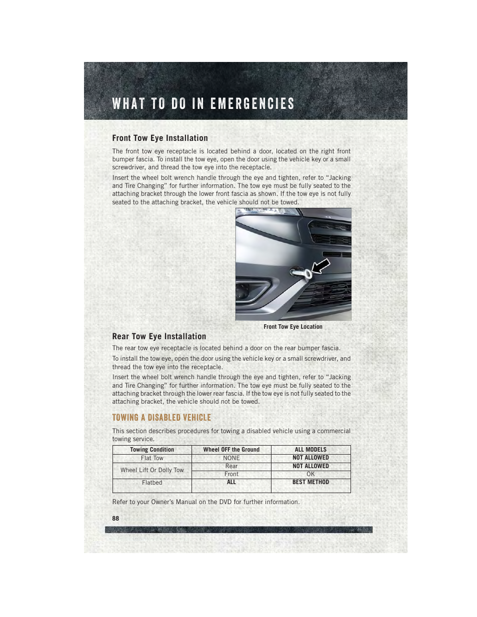 Front tow eye installation, Rear tow eye installation, Towing a disabled vehicle | Ram Trucks 2015 ProMaster City - User Guide User Manual | Page 90 / 124