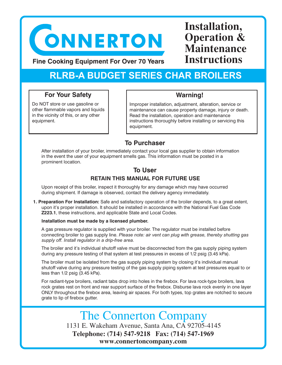 Connerton Co RLRB-A User Manual | 4 pages