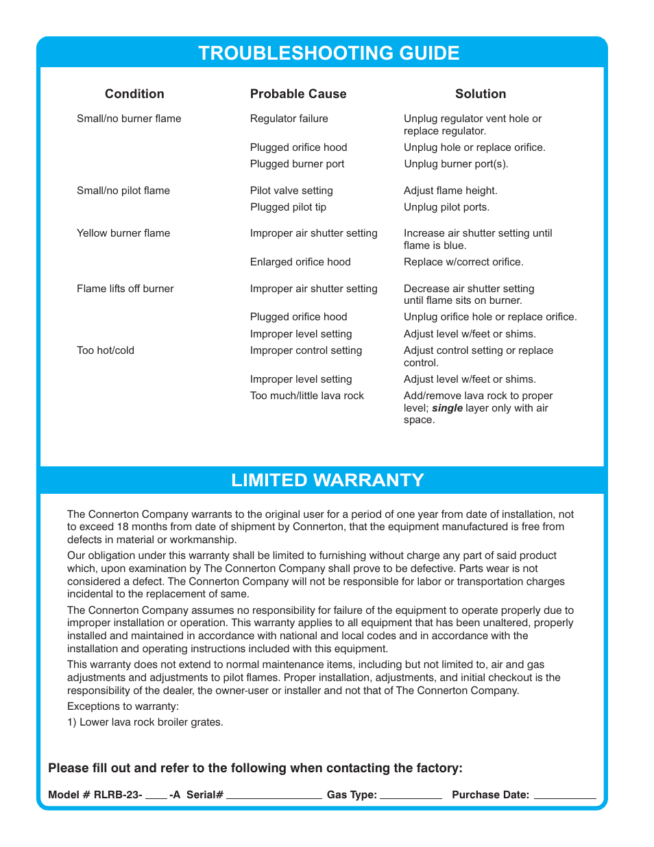 Troubleshooting guide, Limited warranty | Connerton Co RLRB-A User Manual | Page 4 / 4