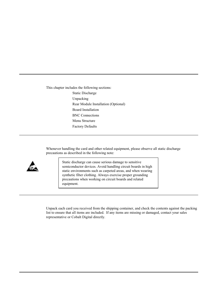 Installation and setup, In this chapter, Static discharge | Unpacking, In this chapter static discharge unpacking | Cobalt Networks 9011 User Manual | Page 10 / 22