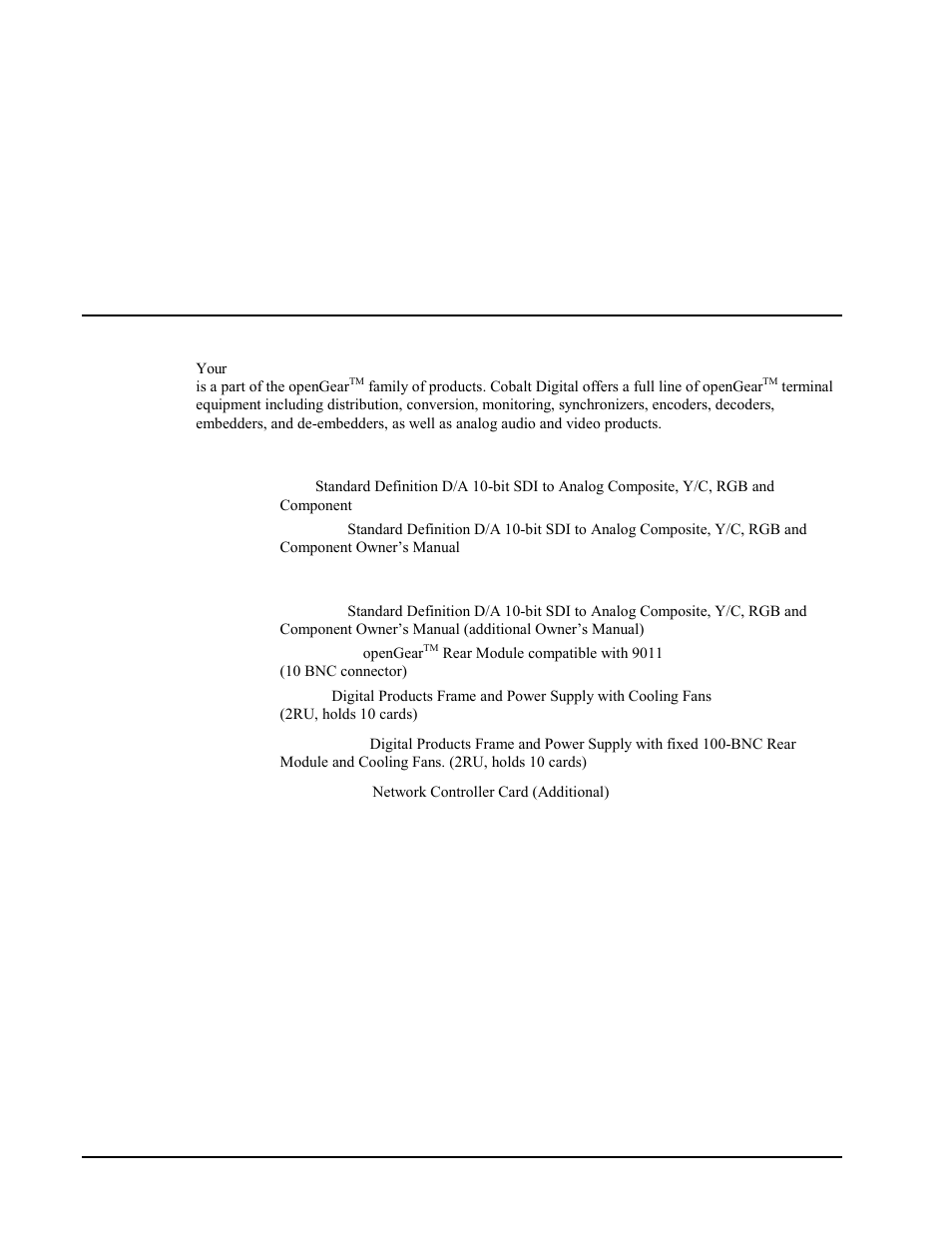 Ordering information, 9011 and related products, Standard equipment | Optional equipment | Cobalt Networks 9011 User Manual | Page 20 / 22
