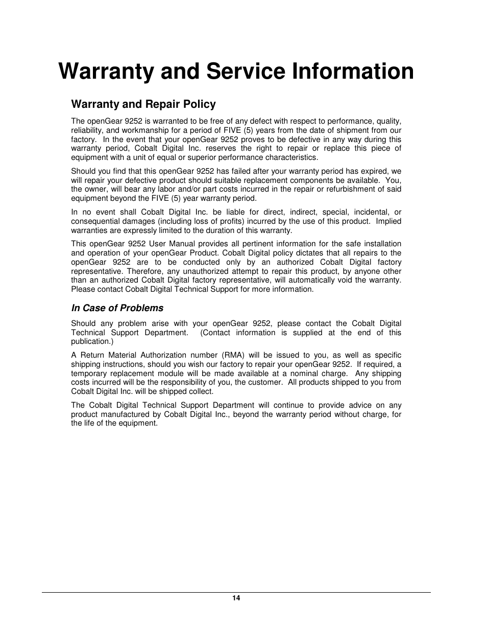 Warranty and service information | Cobalt Networks openGear 9252 User Manual | Page 14 / 16