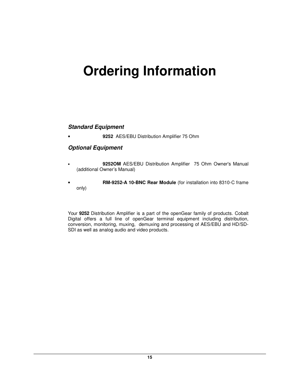 Ordering information | Cobalt Networks openGear 9252 User Manual | Page 15 / 16