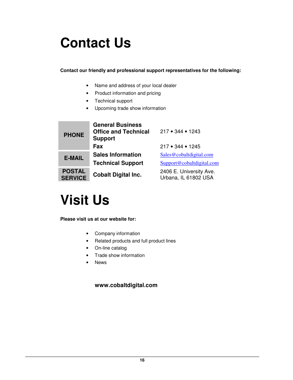 Contact us, Visit us | Cobalt Networks openGear 9252 User Manual | Page 16 / 16