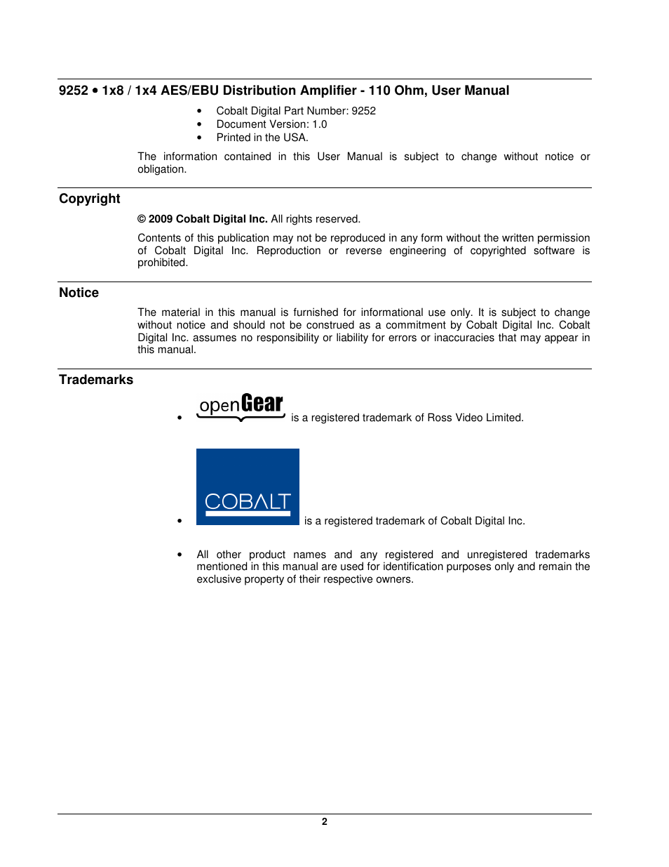 Cobalt Networks openGear 9252 User Manual | Page 2 / 16