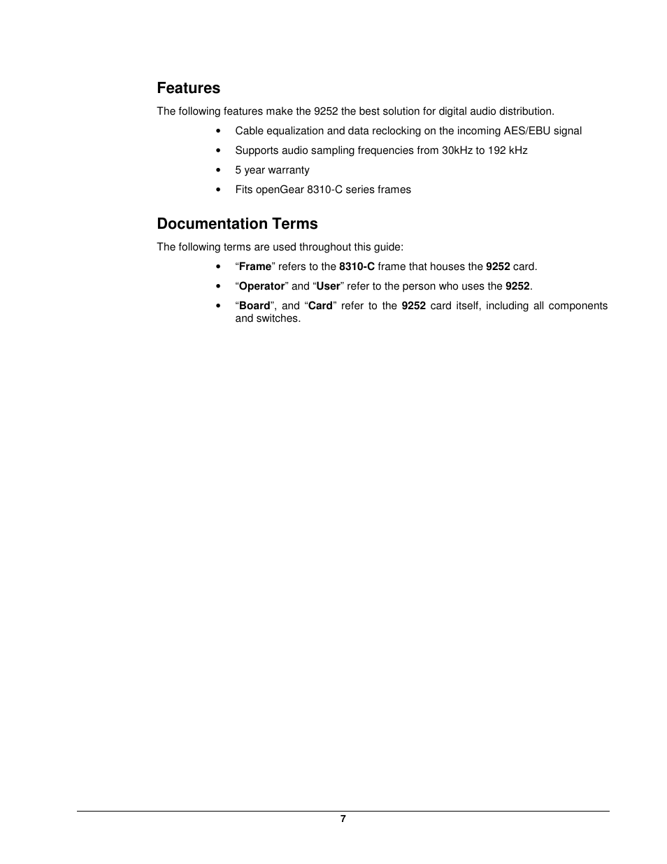 Features, Documentation terms | Cobalt Networks openGear 9252 User Manual | Page 7 / 16