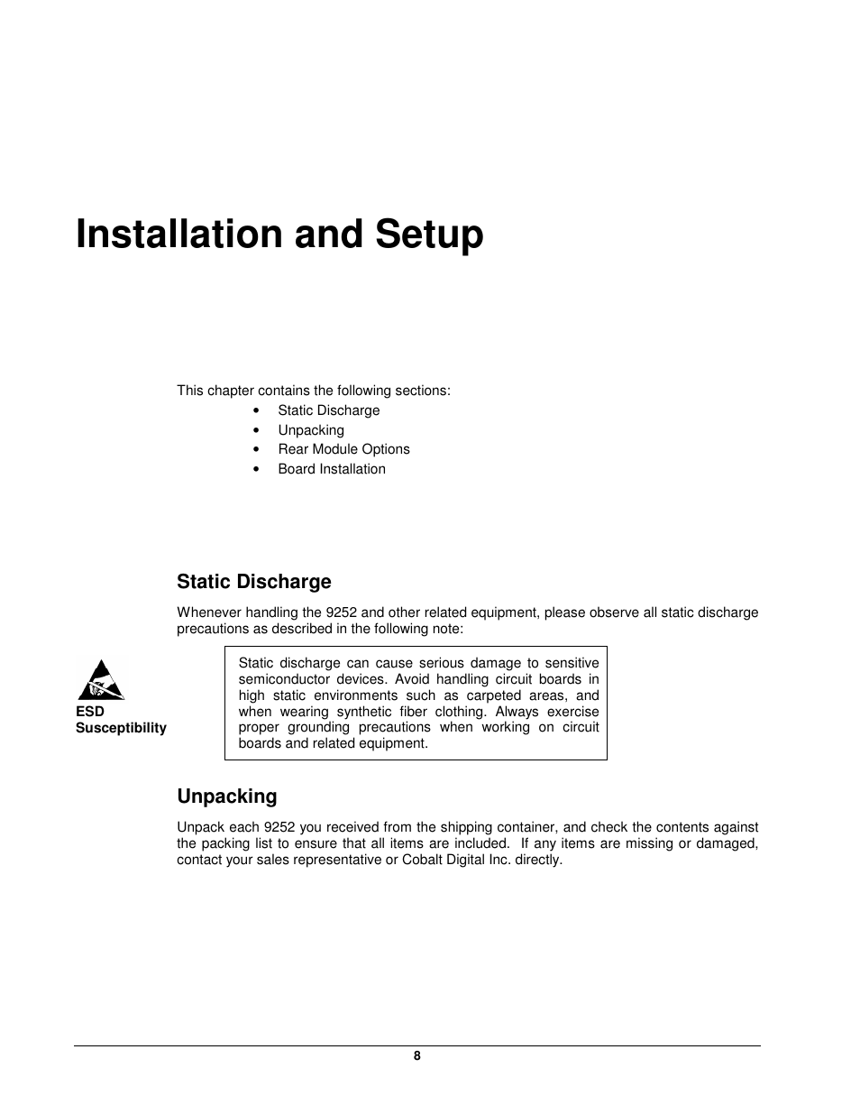 Installation and setup, Static discharge, Unpacking | Cobalt Networks openGear 9252 User Manual | Page 8 / 16