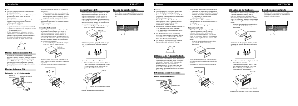 Einbau deutsch, Instalación español, Din einbau an der rückseite | Befestigung der frontplatte, Din einbau an der vorderseite/rückseite, Din einbau an der vorderseite, Montaje trasero din, Fijación del panel delantero, Montaje delantero/trasero din, Montaje delantero din | Pioneer DEH-P7900UB User Manual | Page 2 / 8