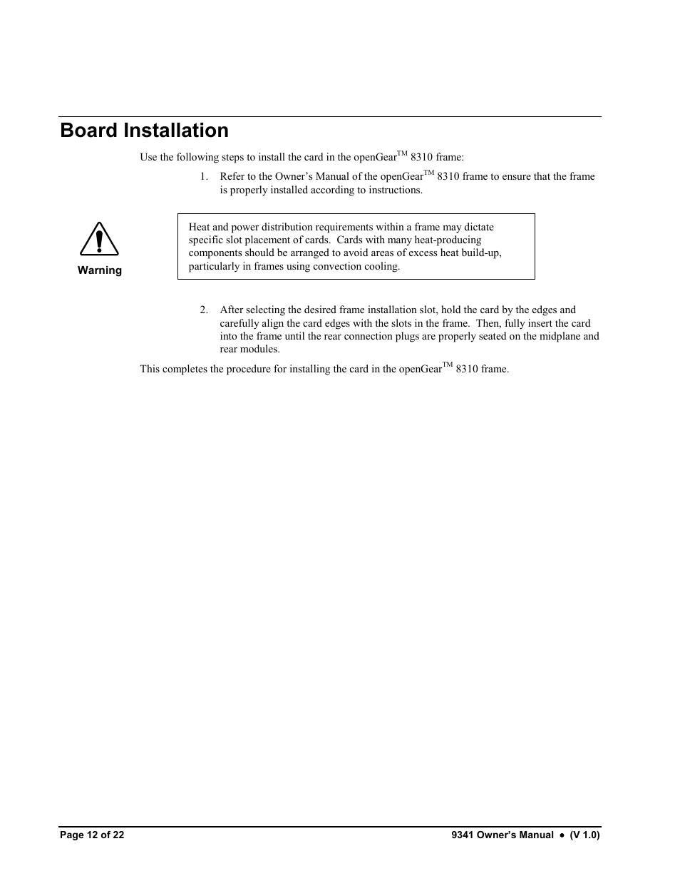 Board installation | Cobalt Networks 9341 User Manual | Page 12 / 22
