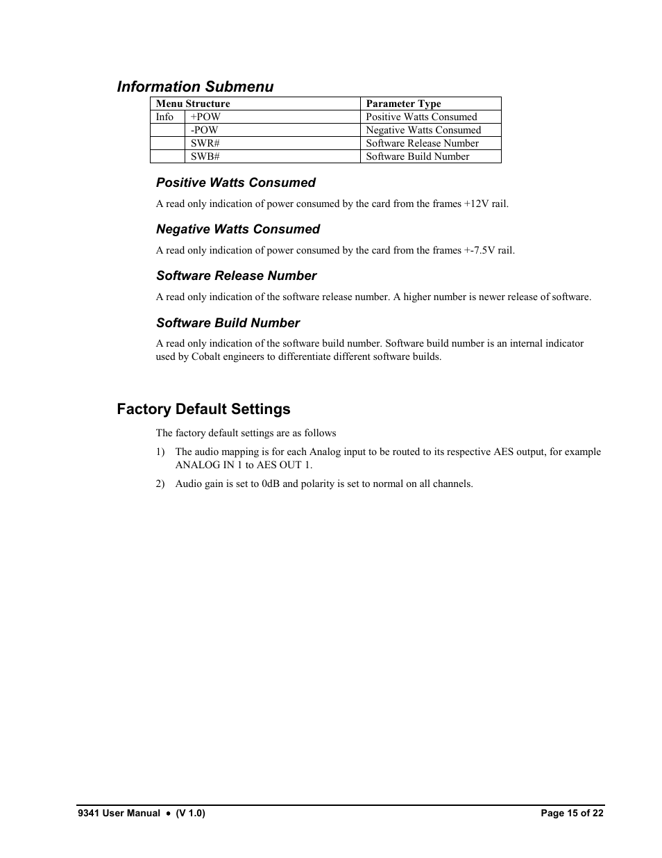 Information submenu, Factory default settings | Cobalt Networks 9341 User Manual | Page 15 / 22