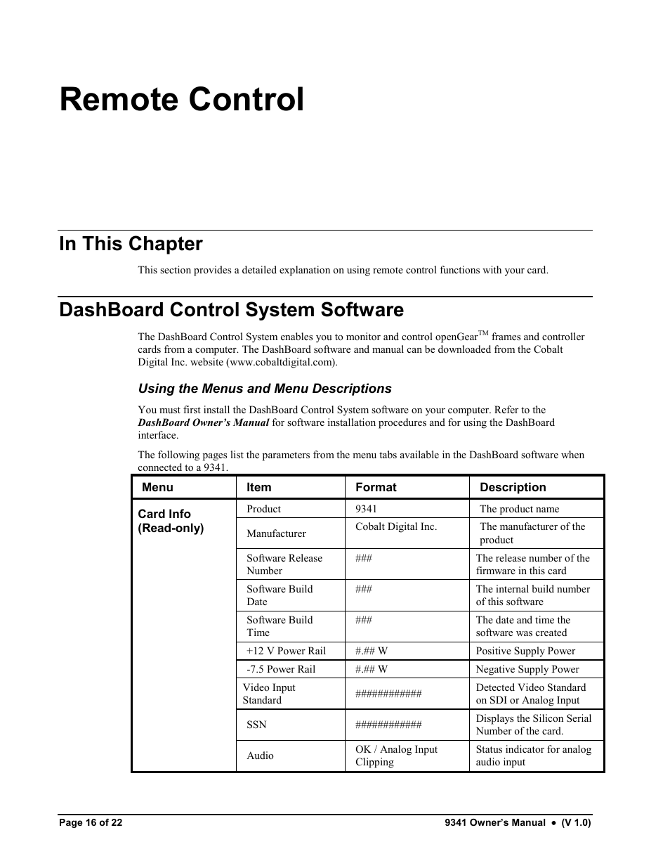 Remote control, Dashboard control system software | Cobalt Networks 9341 User Manual | Page 16 / 22