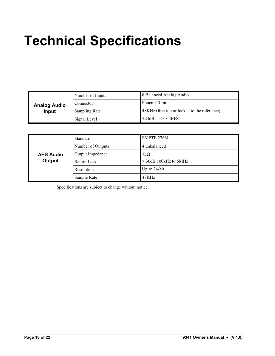Technical specifications | Cobalt Networks 9341 User Manual | Page 18 / 22