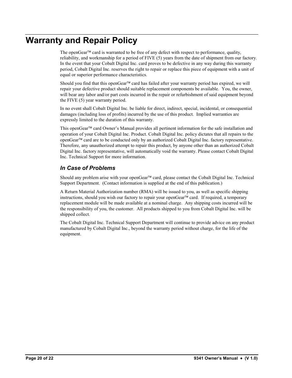 Warranty and repair policy | Cobalt Networks 9341 User Manual | Page 20 / 22