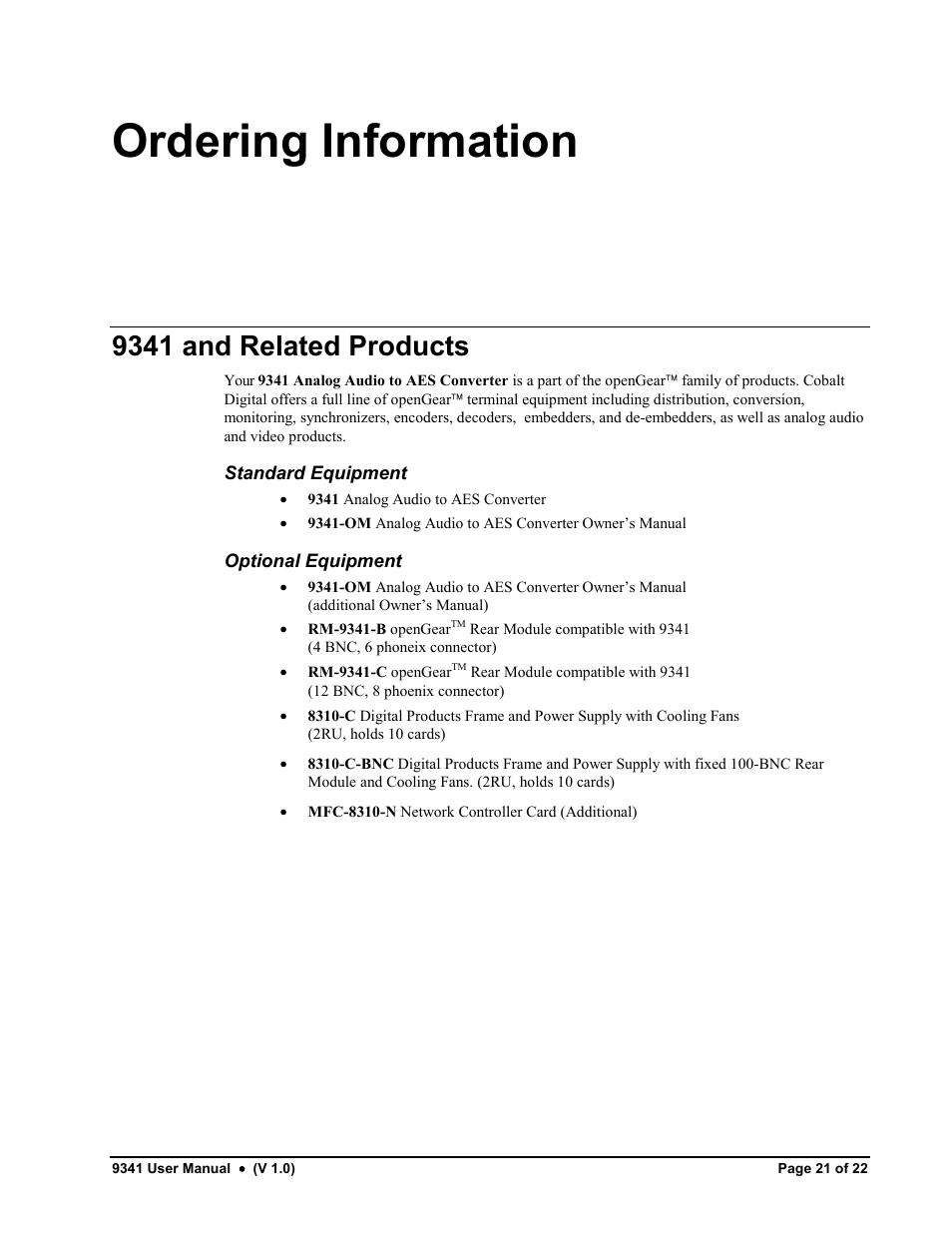 Ordering information, 9341 and related products | Cobalt Networks 9341 User Manual | Page 21 / 22