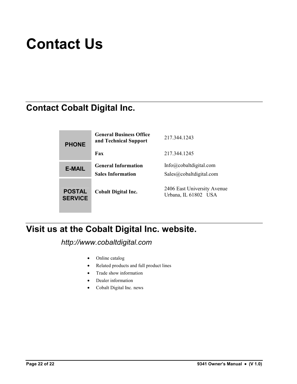 Contact us, Contact cobalt digital inc, Visit us at the cobalt digital inc. website | Cobalt Networks 9341 User Manual | Page 22 / 22