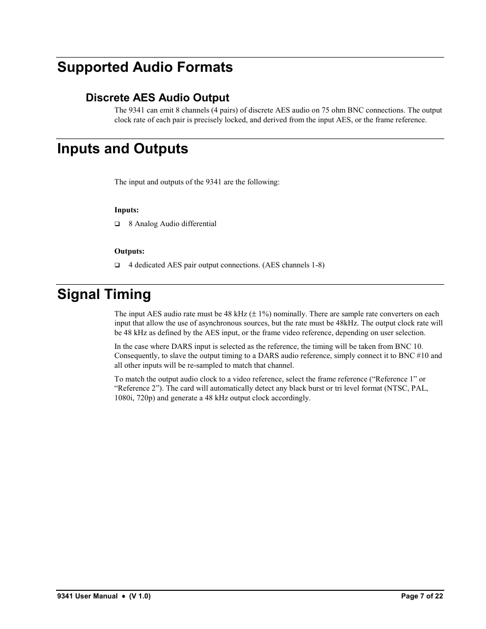 Supported audio formats, Inputs and outputs, Signal timing | Discrete aes audio output | Cobalt Networks 9341 User Manual | Page 7 / 22