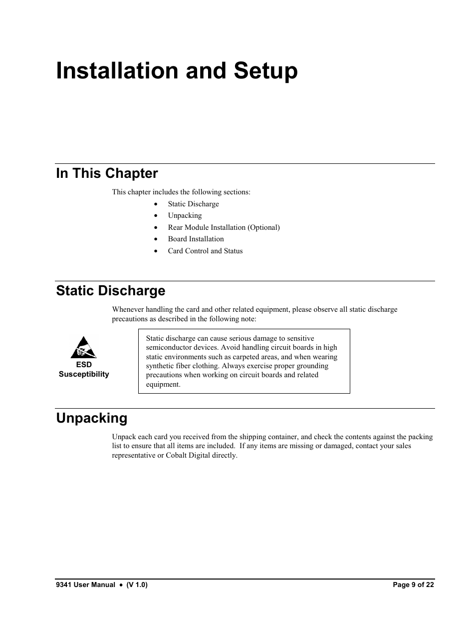 Installation and setup, Static discharge, Unpacking | Cobalt Networks 9341 User Manual | Page 9 / 22