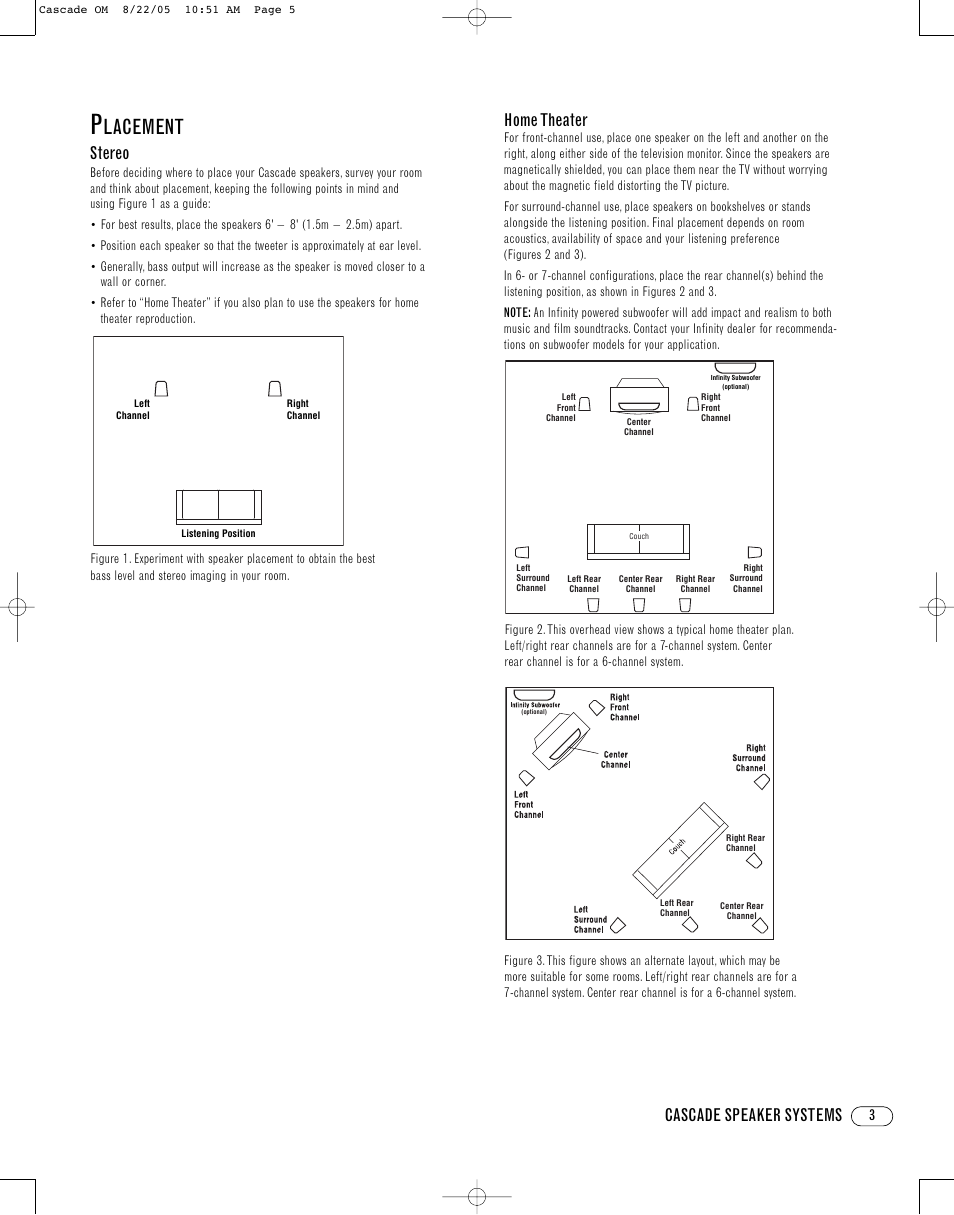 Lacement, Cascade speaker systems, Stereo | Home theater | Cascade 7 User Manual | Page 3 / 8