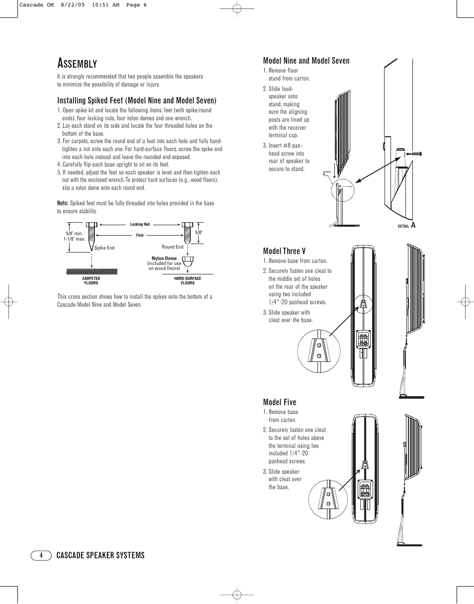 Ssembly, Cascade speaker systems, Model nine and model seven | Model three v, Model five | Cascade 7 User Manual | Page 4 / 8