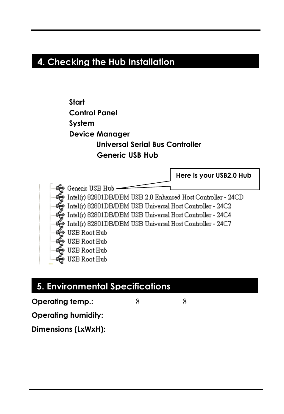 Environmental specifications, Checking the hub installation | Cool Gear USBG-7DU2S User Manual | Page 4 / 5