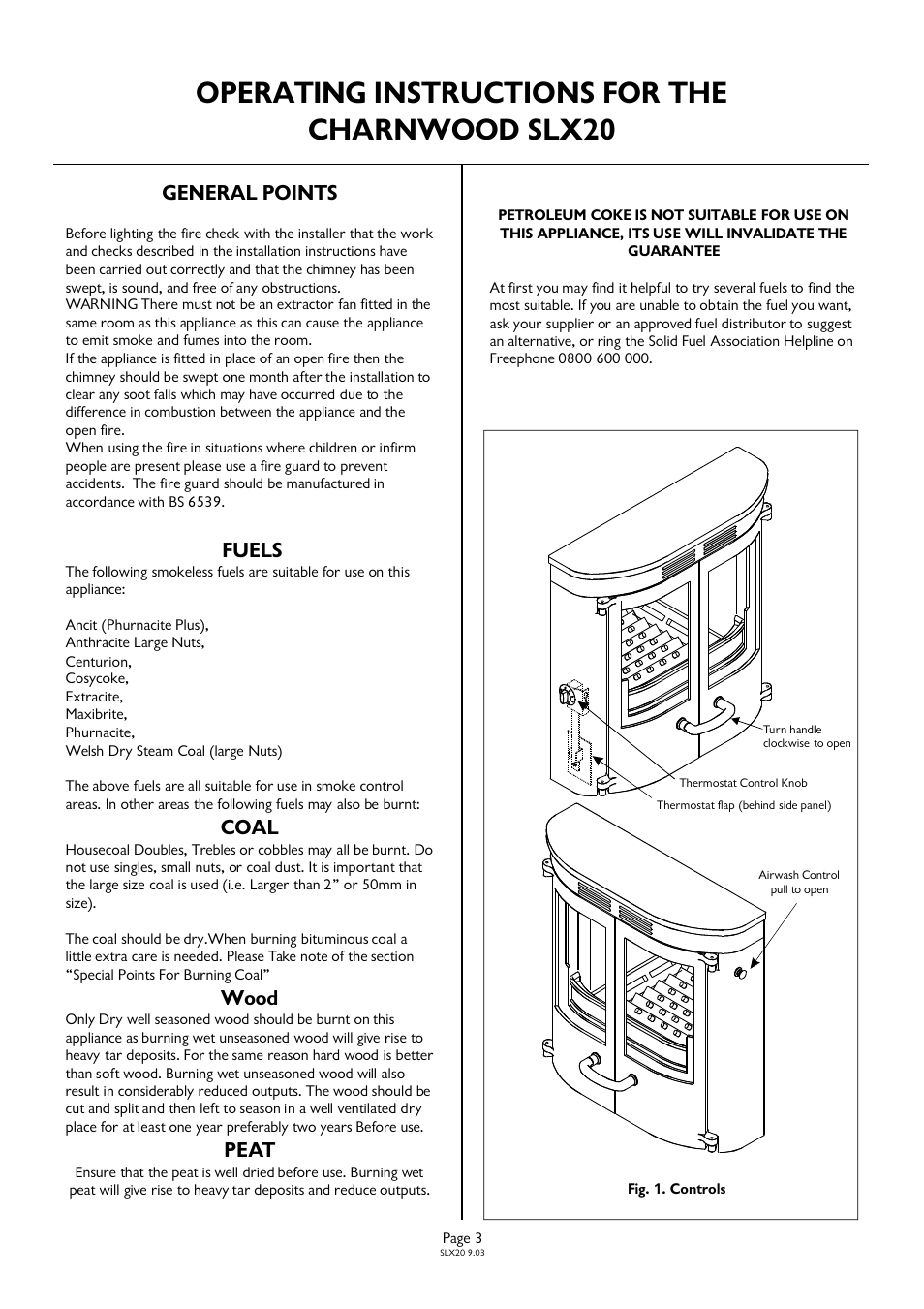 Operating instructions for the charnwood slx20, General points fuels coal wood peat | Charnwood SLX20 User Manual | Page 3 / 11
