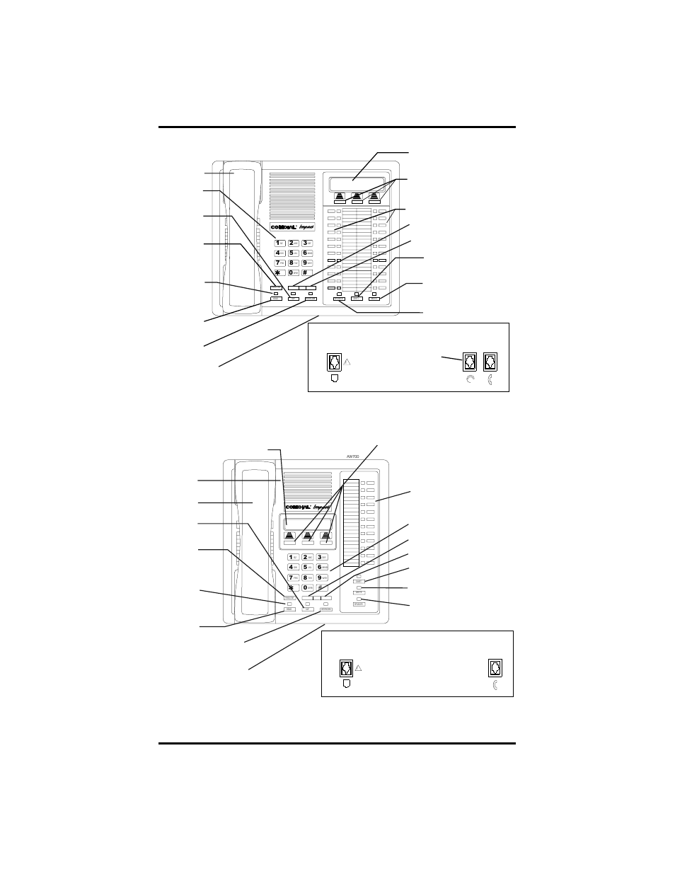 Impact 8024s-** lcd speakerphone, Impact 8012s-** lcd speakerphone, Connectors on bottom of telephone | Optional headset line cord handset | Vertical Communications 8324S User Manual | Page 13 / 160