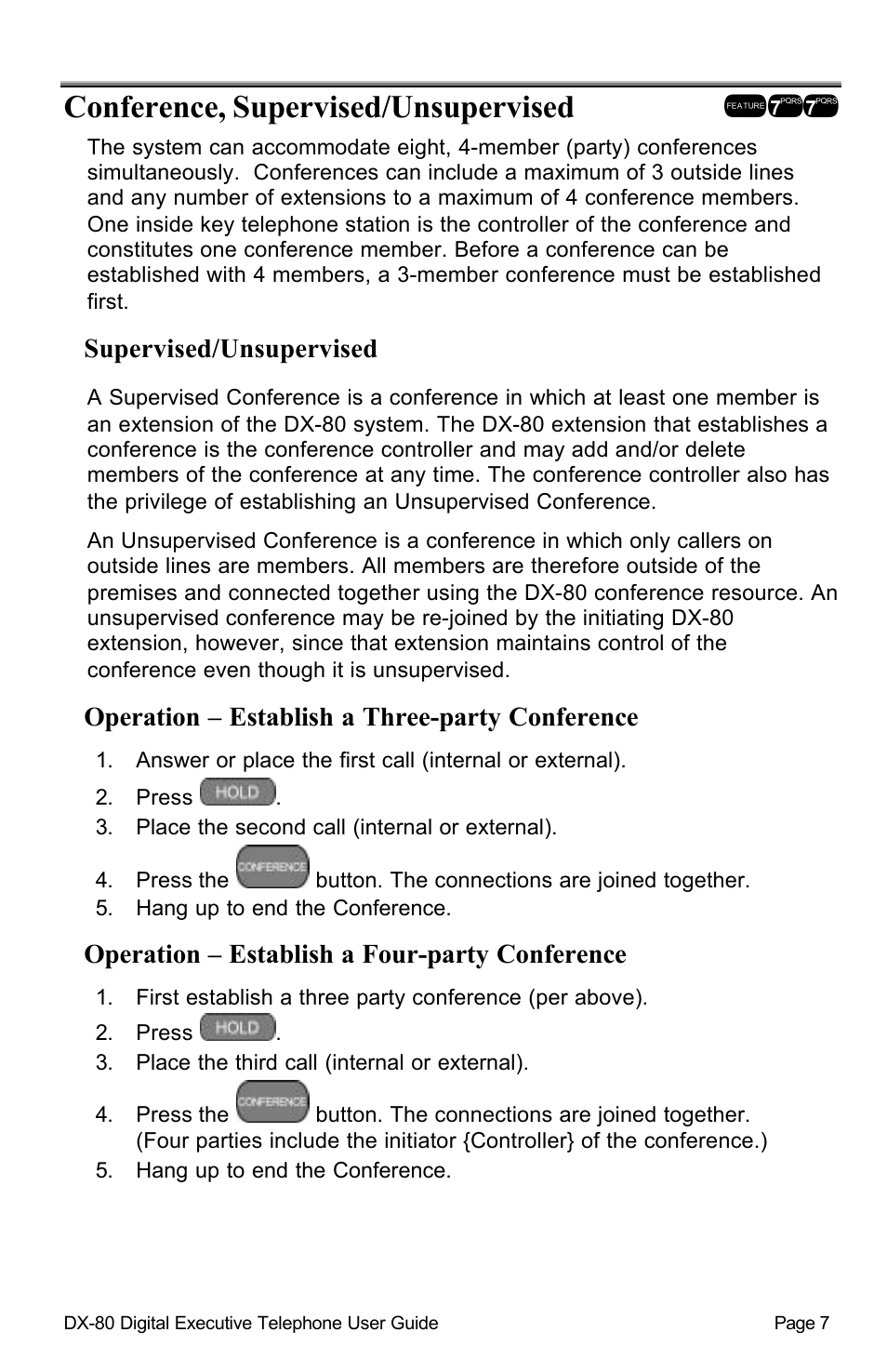 Conference, supervised/unsupervised !77, Supervised/unsupervised, Operation – establish a three-party conference | Operation – establish a four-party conference | Vertical Communications DX-80TM User Manual | Page 10 / 55