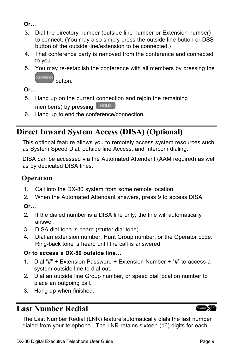Direct inward system access (disa) (optional), Last number redial !8, Operation | Vertical Communications DX-80TM User Manual | Page 12 / 55