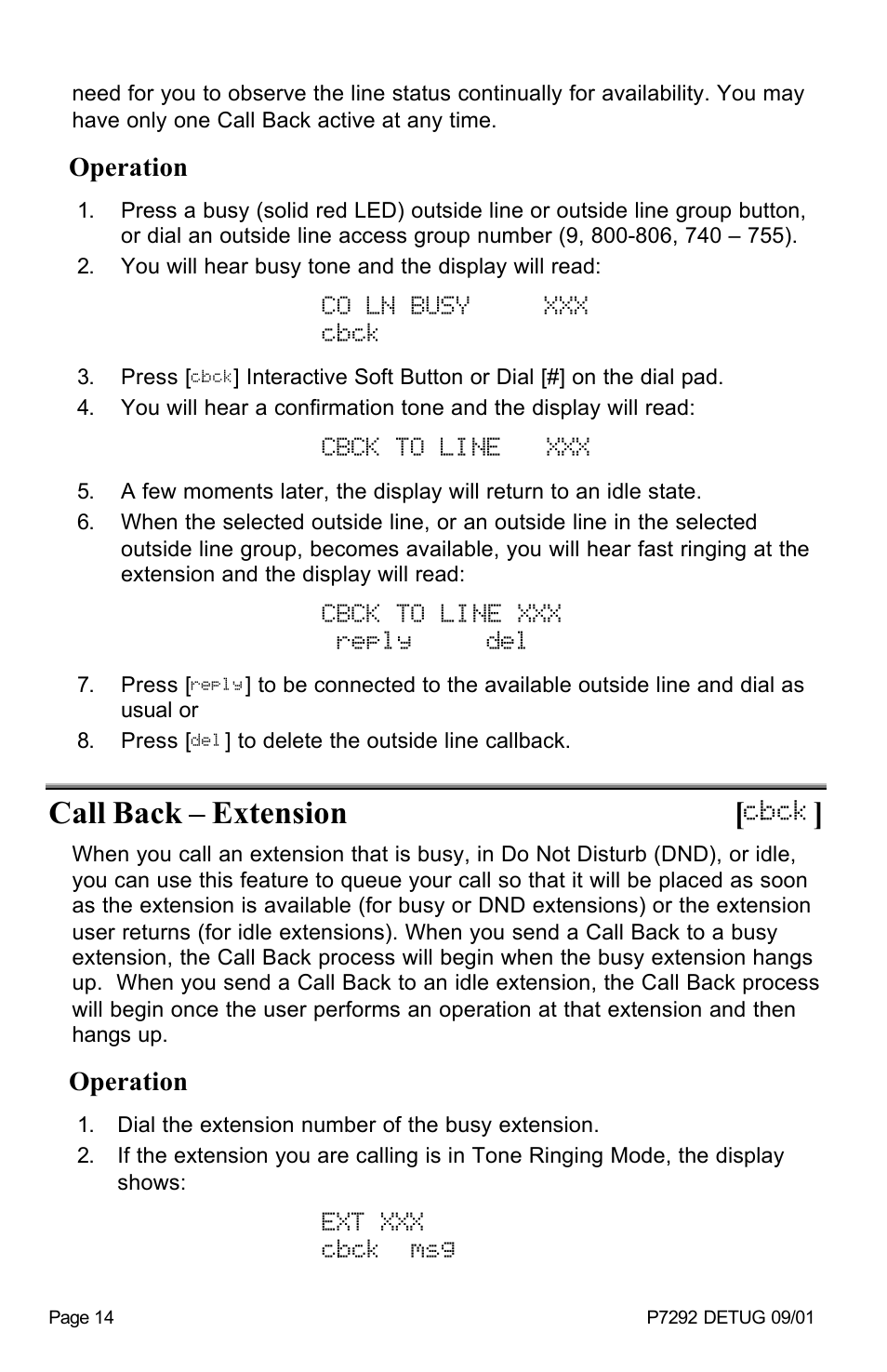 Cbck, Co ln busy xxx cbck, Cbck to line xxx | Cbck to line xxx reply del, Call back – extension, Ext xxx cbck msg | Vertical Communications DX-80TM User Manual | Page 17 / 55
