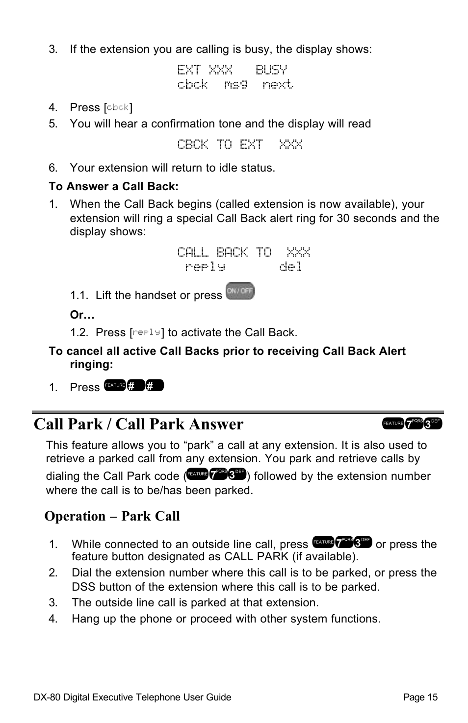 Ext xxx busy cbck msg next, Cbck to ext xxx, Call back to xxx reply del | Call park / call park answer !73 | Vertical Communications DX-80TM User Manual | Page 18 / 55