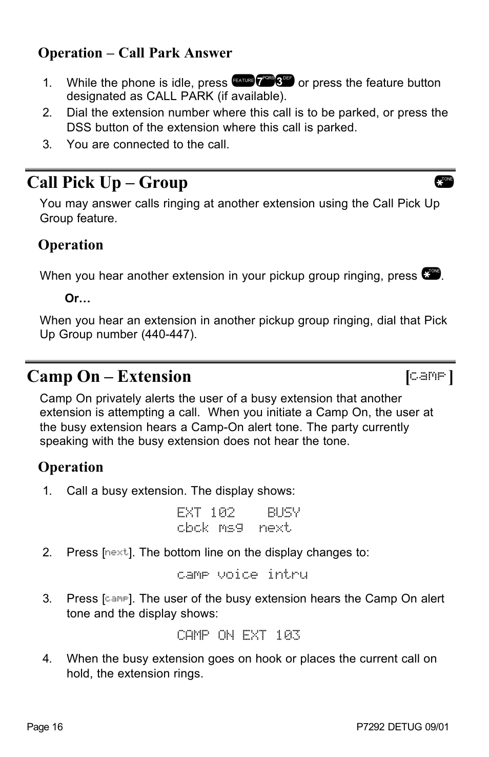 Camp, Call pick up – group, Camp on – extension | Ext 102 busy cbck msg next, Camp voice intru, Camp on ext 103 | Vertical Communications DX-80TM User Manual | Page 19 / 55