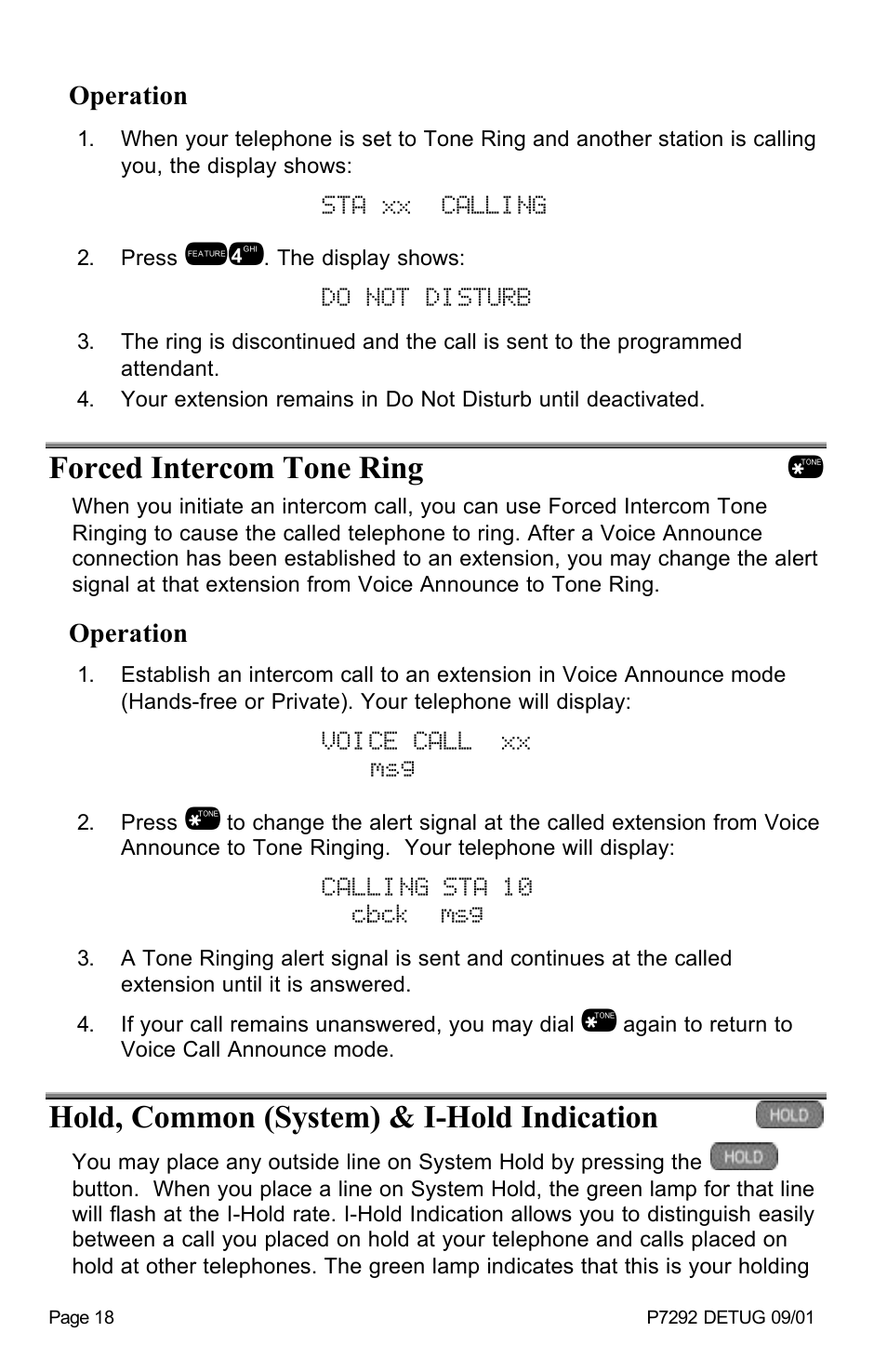 Sta xx calling, Do not disturb, Forced intercom tone ring | Voice call xx msg, Calling sta 10 cbck msg, Hold, common (system) & i-hold indication | Vertical Communications DX-80TM User Manual | Page 21 / 55