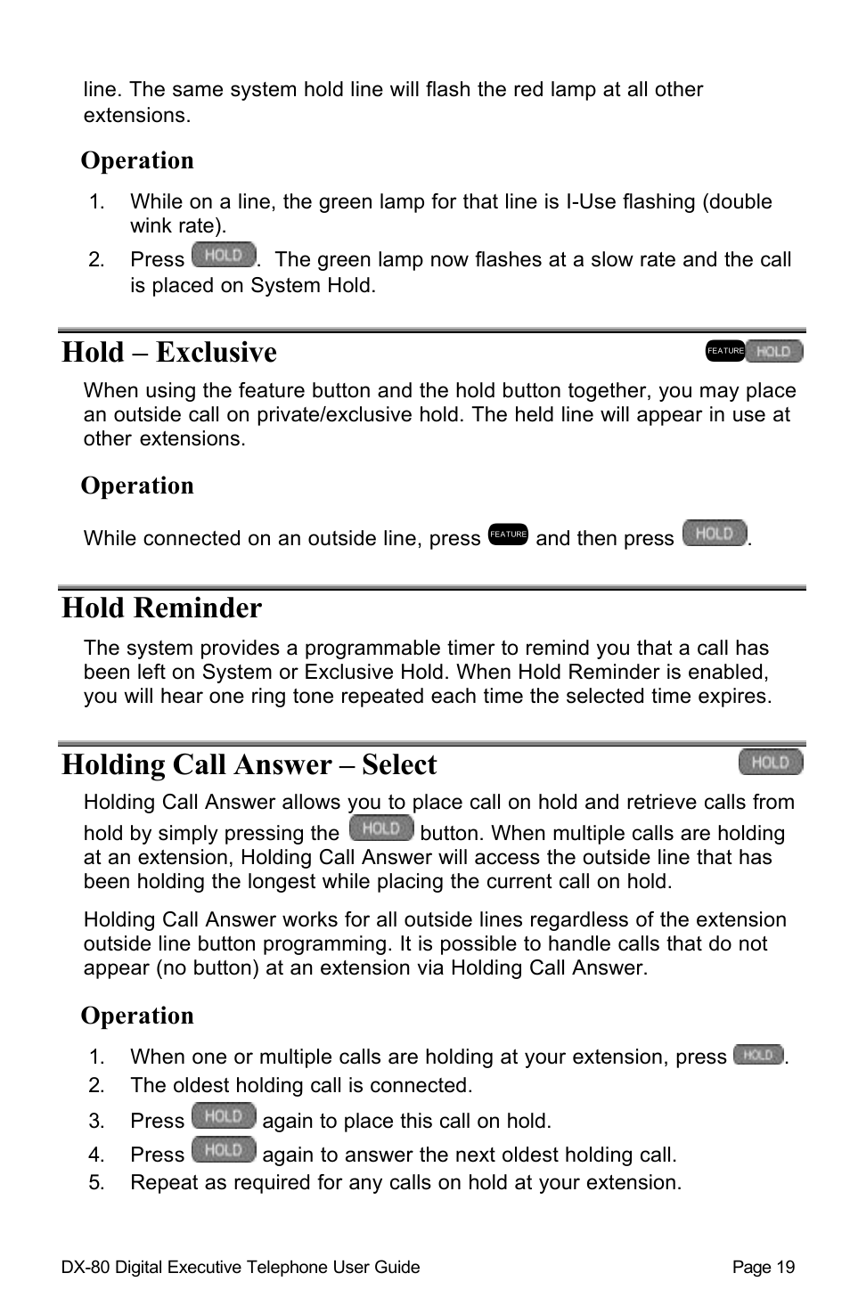 Hold – exclusive, Hold reminder, Holding call answer – select | Vertical Communications DX-80TM User Manual | Page 22 / 55