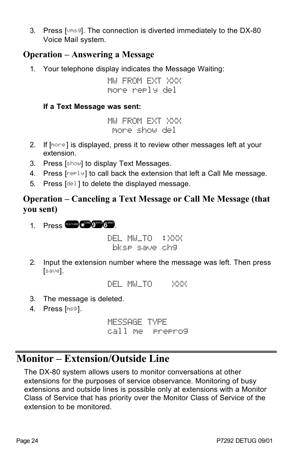 Mw from ext xxx more reply del, Mw from ext xxx more show del, Del mw_to :xxx bksp save chg | Del mw_to xxx | Vertical Communications DX-80TM User Manual | Page 27 / 55