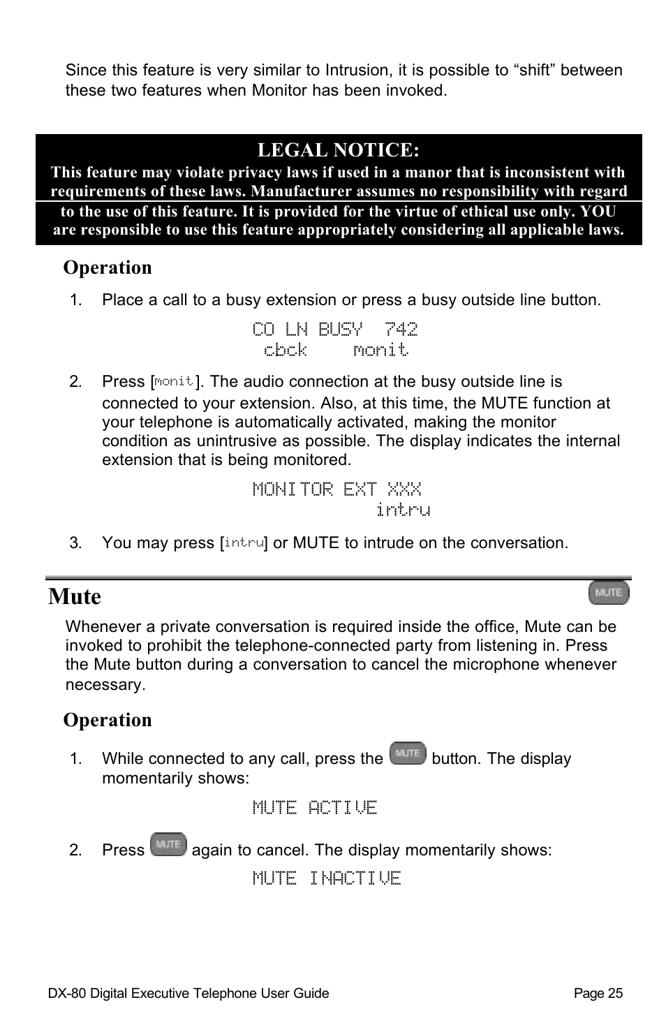Co ln busy 742 cbck monit, Monitor ext xxx intru, Mute | Mute active, Mute inactive | Vertical Communications DX-80TM User Manual | Page 28 / 55