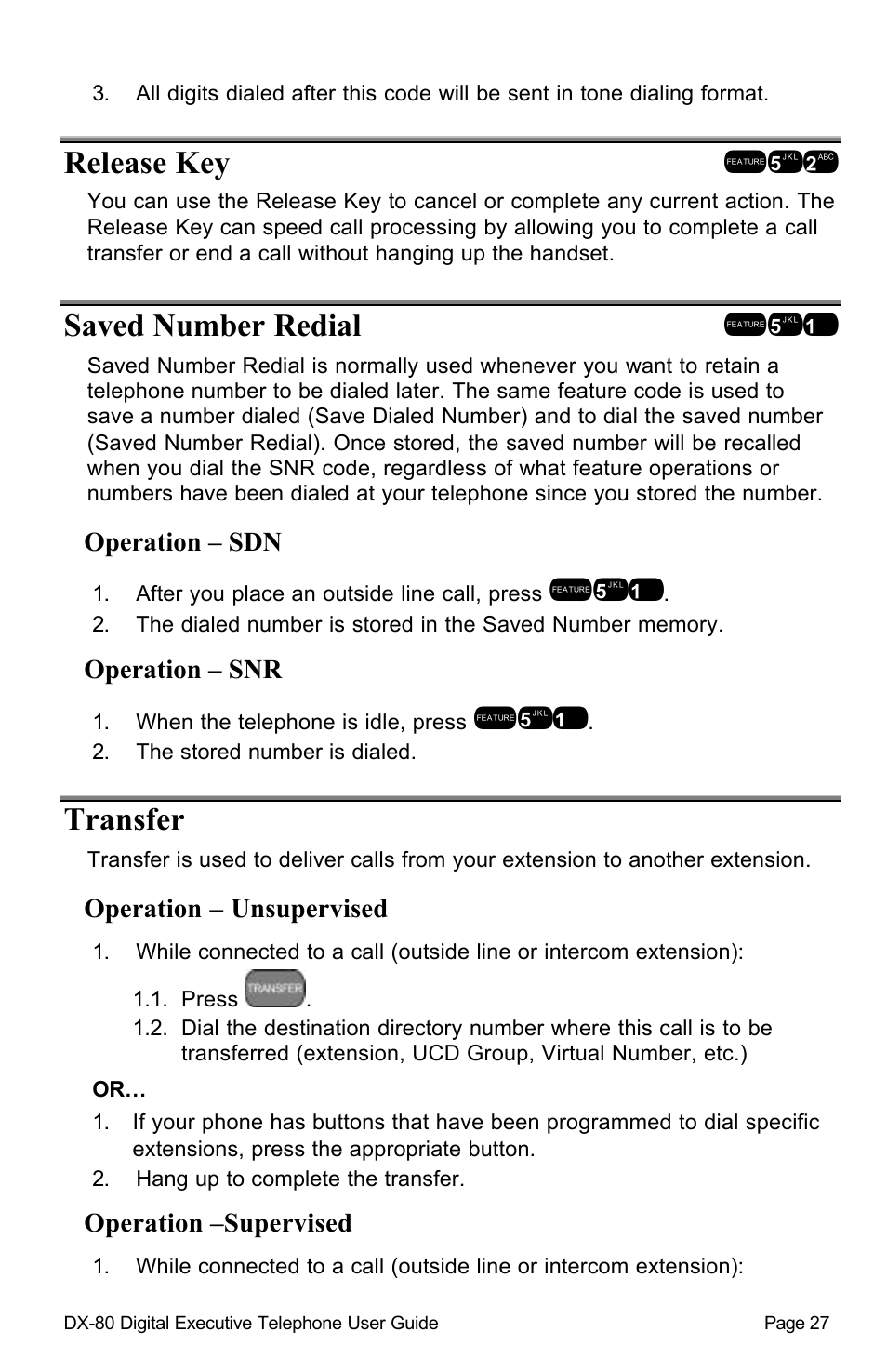 Release key !52, Saved number redial !51, Transfer | Vertical Communications DX-80TM User Manual | Page 30 / 55