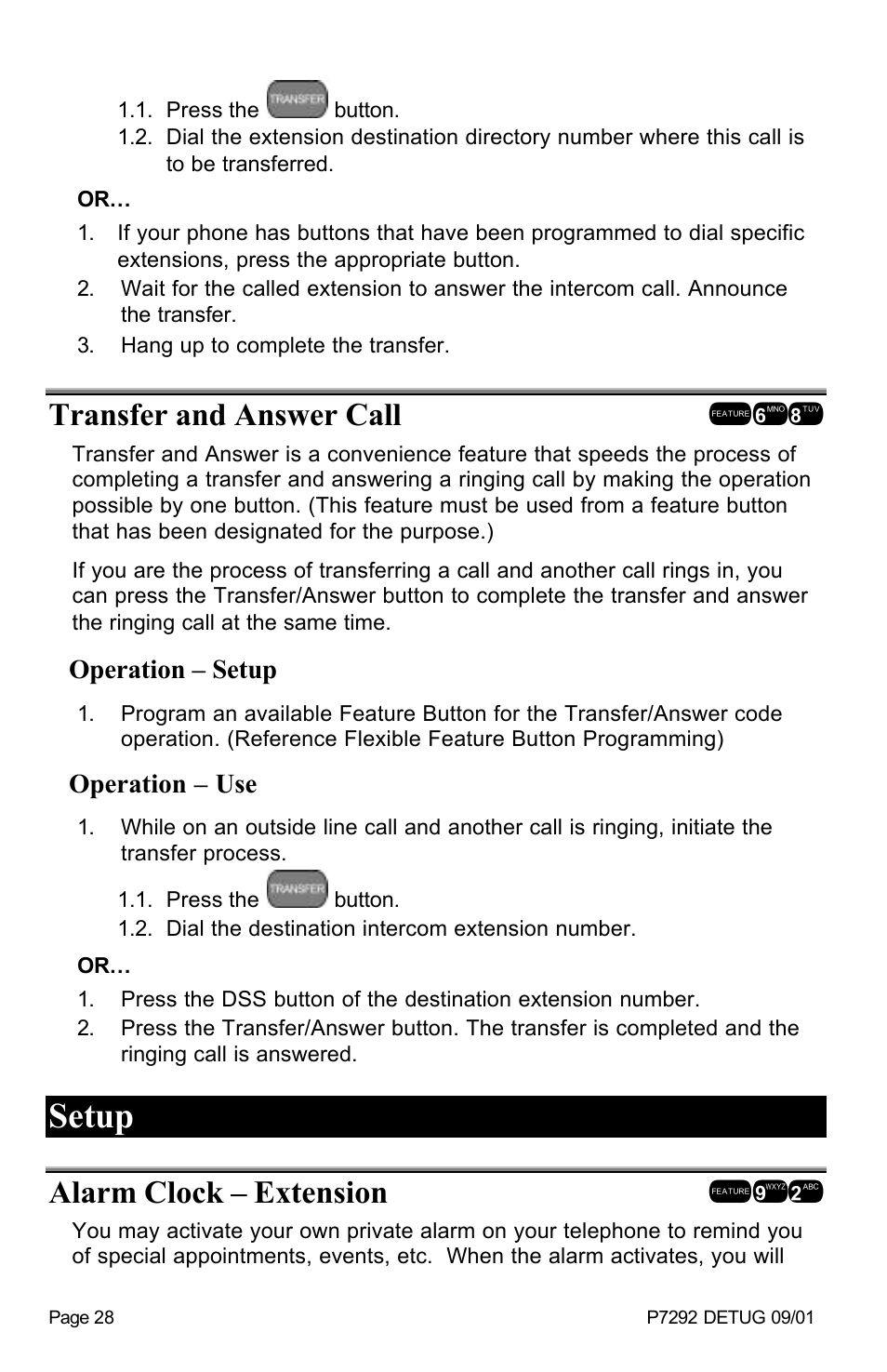 Setup, Transfer and answer call !68, Alarm clock – extension !92 | Vertical Communications DX-80TM User Manual | Page 31 / 55