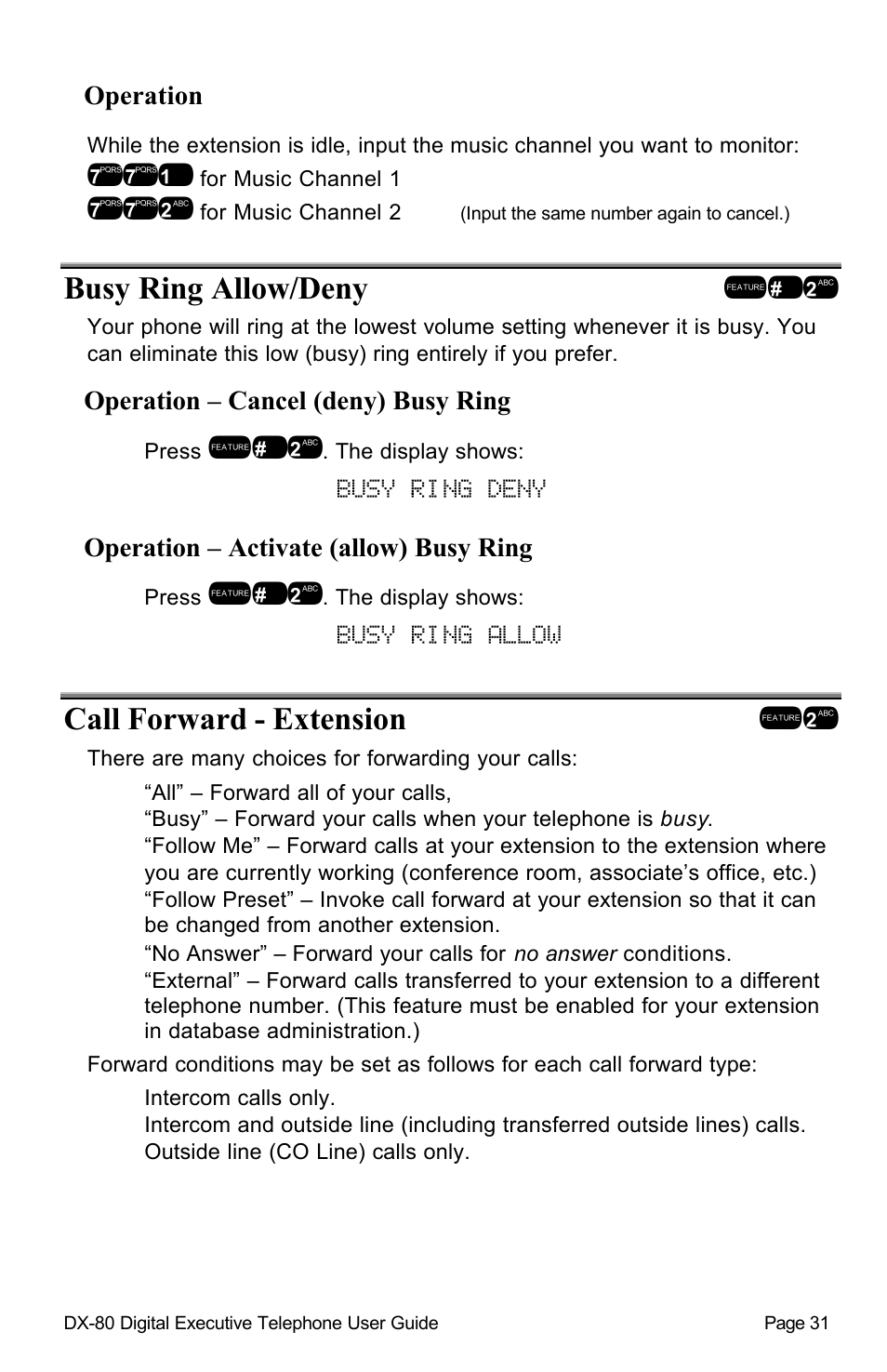 Busy ring allow/deny !,2, Busy ring deny, Busy ring allow call forward - extension !2 | Vertical Communications DX-80TM User Manual | Page 34 / 55