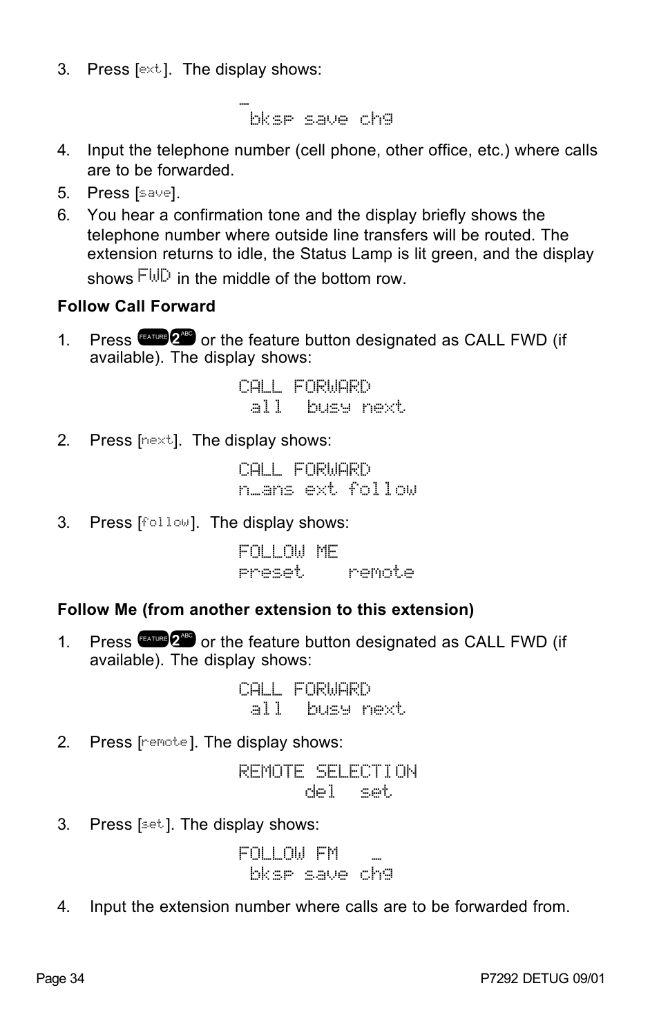 Bksp save chg, Call forward all busy next, Call forward n_ans ext follow | Follow me preset remote, Remote selection del set, Follow fm _ bksp save chg | Vertical Communications DX-80TM User Manual | Page 37 / 55
