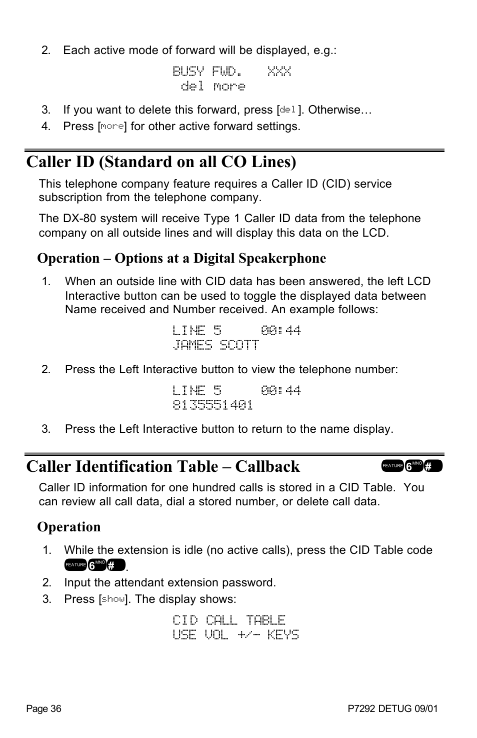 Busy fwd. xxx del more, Caller id (standard on all co lines), Caller identification table – callback !6 | Cid call table use vol +/- keys | Vertical Communications DX-80TM User Manual | Page 39 / 55