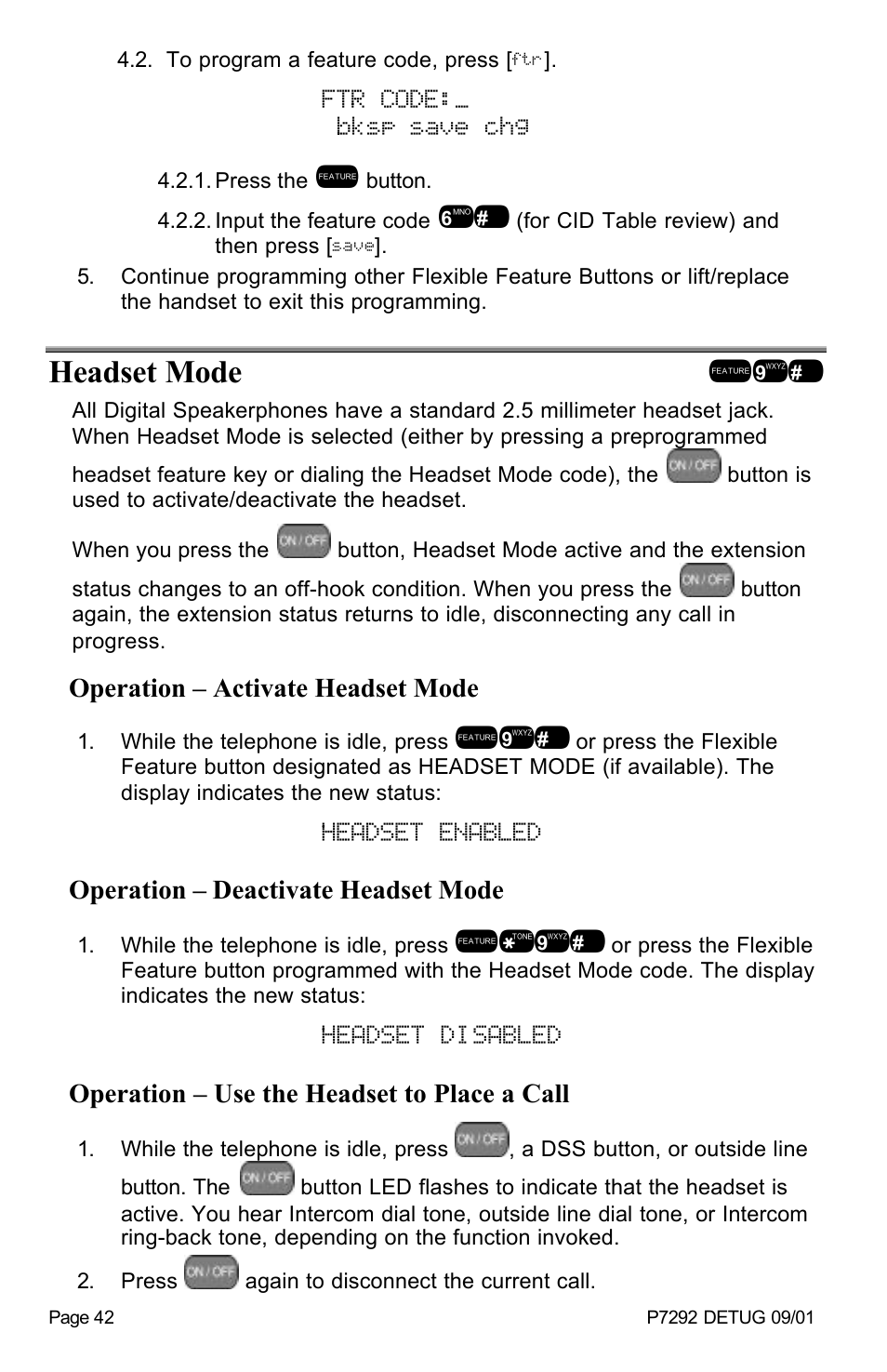 Ftr code:_ bksp save chg, Headset mode !9, Headset enabled | Headset disabled | Vertical Communications DX-80TM User Manual | Page 45 / 55