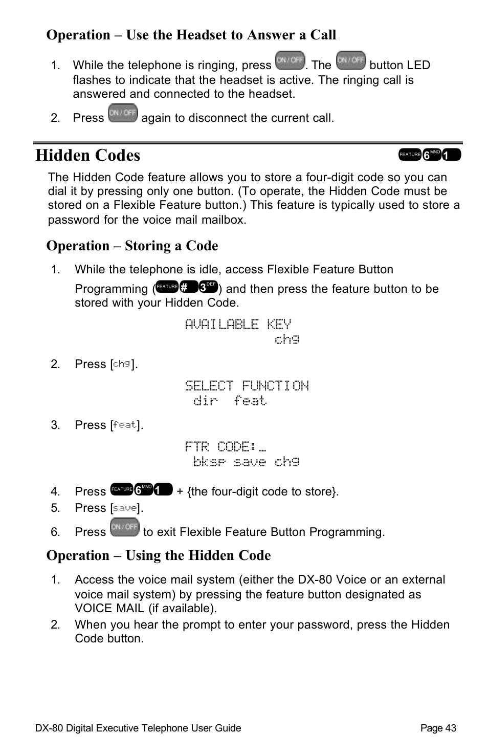 Hidden codes !61, Available key chg, Select function dir feat | Ftr code:_ bksp save chg | Vertical Communications DX-80TM User Manual | Page 46 / 55