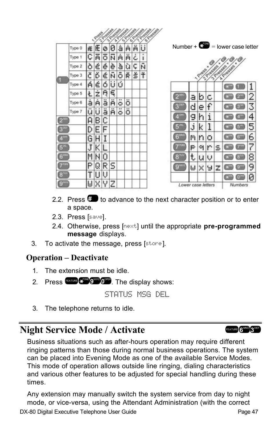 Status msg del, Night service mode / activate !63 | Vertical Communications DX-80TM User Manual | Page 50 / 55