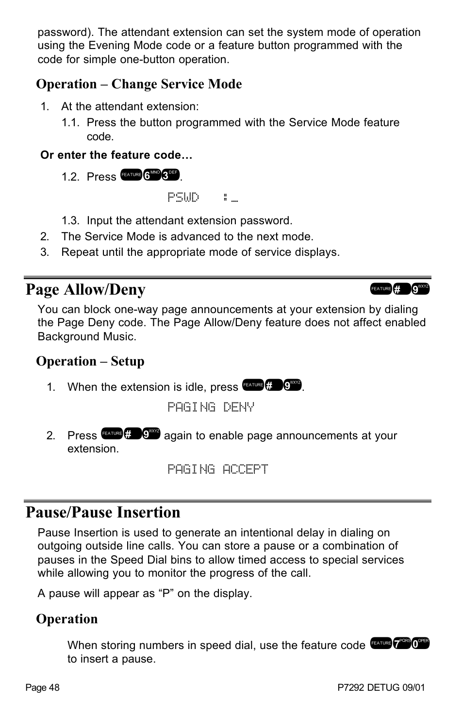 Pswd, Page allow/deny !/9, Paging deny | Paging accept pause/pause insertion | Vertical Communications DX-80TM User Manual | Page 51 / 55
